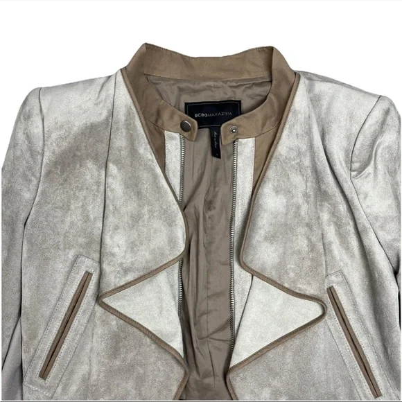 BCBG Maxazria Long Sleeve Sloan Faux Suede Cropped Moto Jacket Gray Tan Medium‎ - Picture 4 of 16